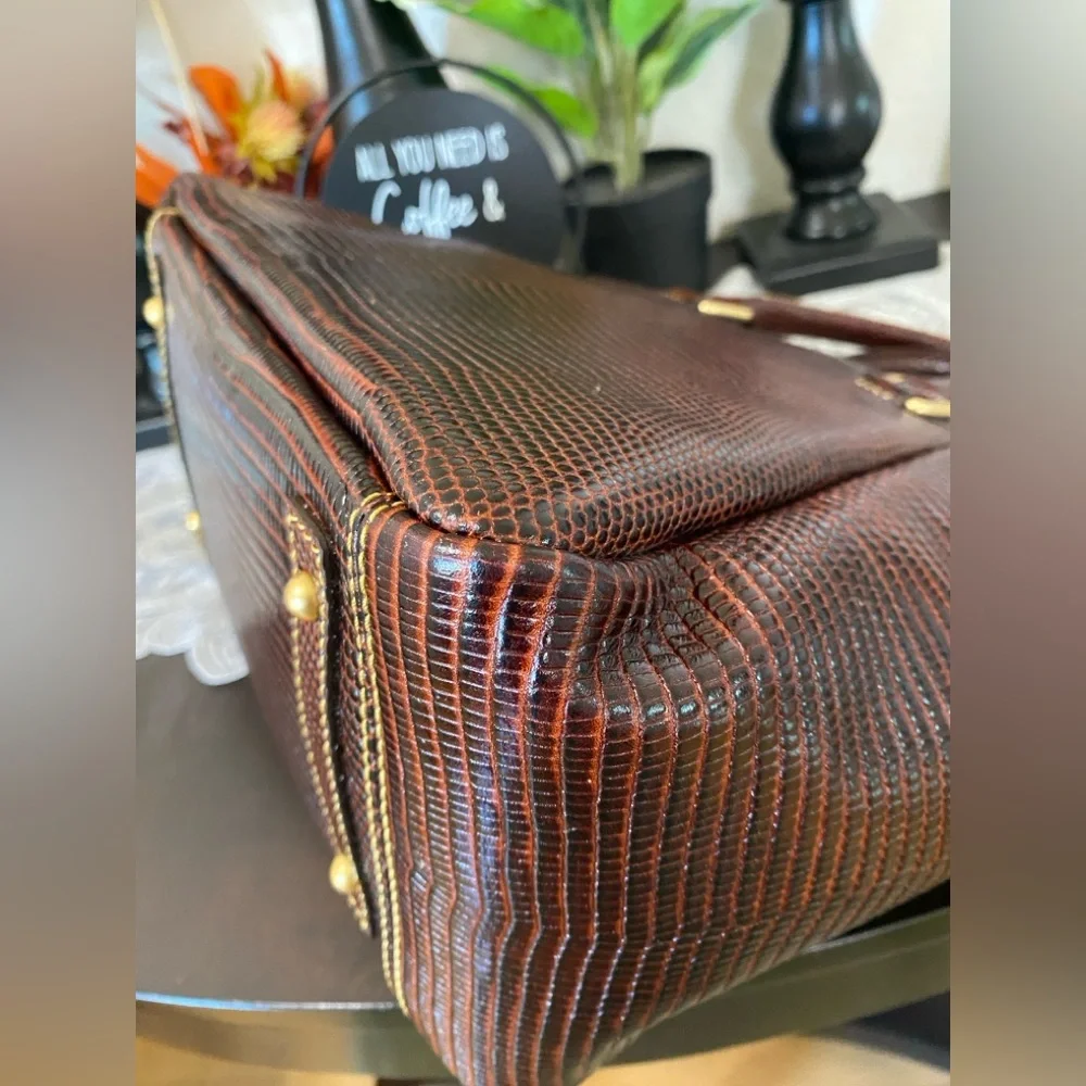 Dooney & Bourke Dark Brown Lizard-Embossed Satchel with Gold Hardware